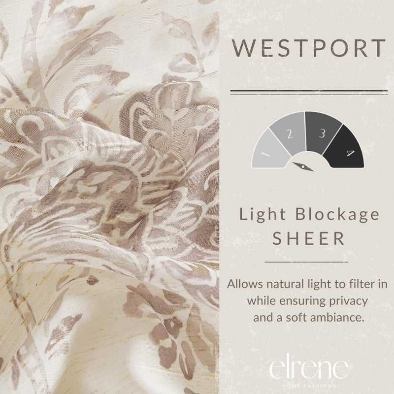 Elrene Home Fashions Westport Floral Tie-Top Sheer Window Curtain Panel, 52" x 84" (1), Flax - Image 3